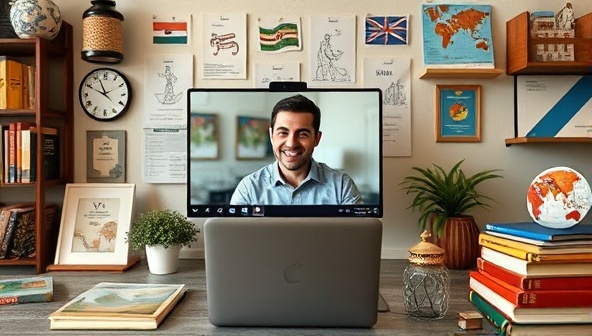 A virtual language coaching session with a coach and a client engaged in a language lesson via video call, surrounded by language learning materials, cultural artifacts, and digital resources, creating an immersive and interactive learning environment.