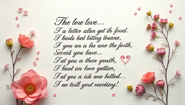 An elegant calligraphy script of a heartfelt poem or love letter beautifully written on textured paper, adorned with delicate floral illustrations, evoking sentiments of love and appreciation in a visually stunning presentation.