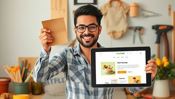 An inviting visual of a DIY enthusiast showcasing a completed home improvement project, surrounded by tools, materials, and a digital tablet displaying the HomeCraft DIY platform, inspiring users to explore creative DIY possibilities at home.