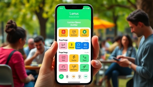 An engaging visual of a smartphone screen displaying the LingoGenius AI app interface, featuring colorful interactive language exercises and a progress tracker, with a diverse group of users using the app in various settings like a cafe, park, and office.