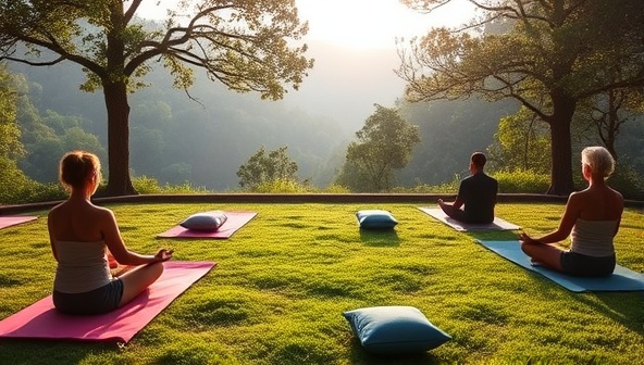 A tranquil image of a wellness retreat setting featuring serene natural surroundings, yoga mats, meditation cushions, and peaceful participants engaged in mindfulness practices, conveying the essence of relaxation and self-care at Serene Journey Retreats.