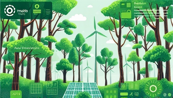 An illustration of a digital forest with pixelated trees and eco-friendly website elements like solar panels, wind turbines, and green energy symbols, symbolizing the fusion of technology and sustainability in web design, inspiring a green digital transformation.