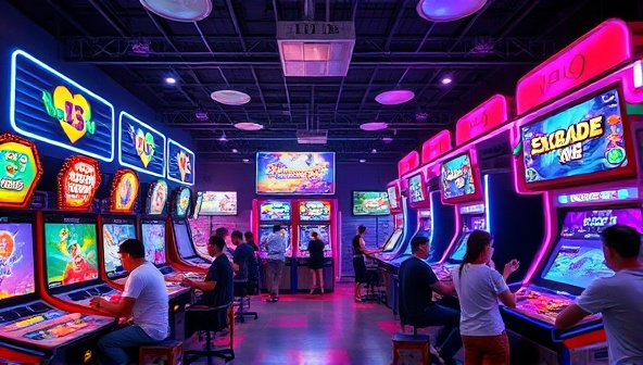 An exciting visual of the SkillZone Arcade venue filled with colorful arcade machines, flashing lights, and enthusiastic players engaged in various skill-based games, creating a vibrant and dynamic gaming atmosphere that appeals to both casual players and competitive gamers.