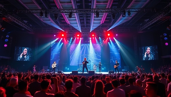 An electrifying virtual concert scene with a digital stage, animated light effects, and virtual audience members from around the world enjoying a live music performance by a renowned artist, creating a dynamic and immersive music experience in a virtual space for music lovers and concert-goers.