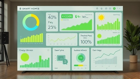 An interactive dashboard displaying real-time energy consumption and sustainability metrics in a smart home setting, with eco-friendly devices and green initiatives highlighted, promoting sustainable living practices.