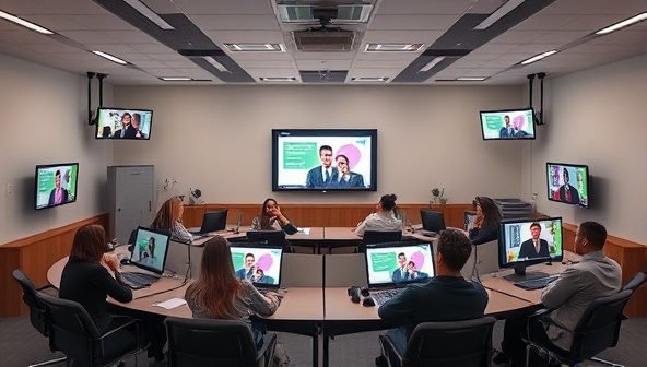 A vibrant virtual classroom setting with multiple pods, each led by a tutor interacting with students on screens, displaying a collaborative and engaging learning environment.