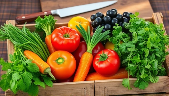 A vibrant image of colorful, fresh vegetables and herbs arranged neatly in a rustic wooden crate, with a chef's knife and cutting board in the background, conveying the essence of farm-to-table freshness and simplicity.
