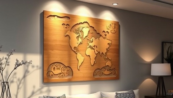 A sleek laser-cut wooden wall art panel illuminated by soft ambient lighting, casting intricate shadows and patterns on the wall, showcasing the precision and artistry of personalized laser-cut home decor in a modern living space.