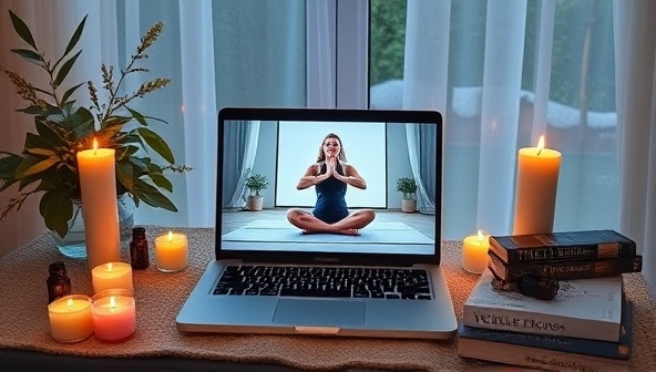A serene virtual retreat setting with a laptop displaying a yoga instructor leading a session, surrounded by candles, essential oils, wellness books, and a calming playlist, creating a tranquil and rejuvenating atmosphere for self-care and inner peace.