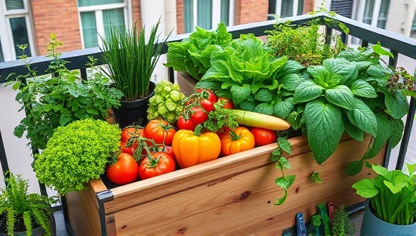 A vibrant and colorful garden box setup on a city apartment balcony, overflowing with lush greenery and ripe vegetables, showcasing the convenience and beauty of urban gardening.