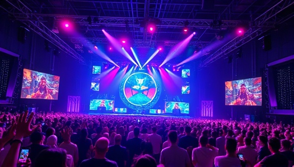 A vibrant virtual music festival environment with multiple stages, colorful lighting effects, and enthusiastic virtual crowds enjoying live performances from various artists, creating a dynamic and immersive music experience that transcends physical boundaries.