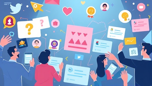 An animated depiction of a social media feed filled with interactive gamified challenges and quizzes, with users engaging and earning rewards, illustrating the fun and engaging nature of the platform's gamified marketing campaigns.