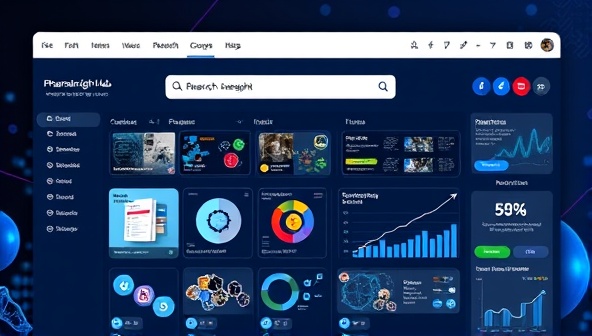 A digital representation of the PharmaInsight Hub platform interface, displaying a dynamic search bar with research categories, scientific graphics, and pharmaceutical data visualization tools, conveying a sense of innovation and knowledge sharing.