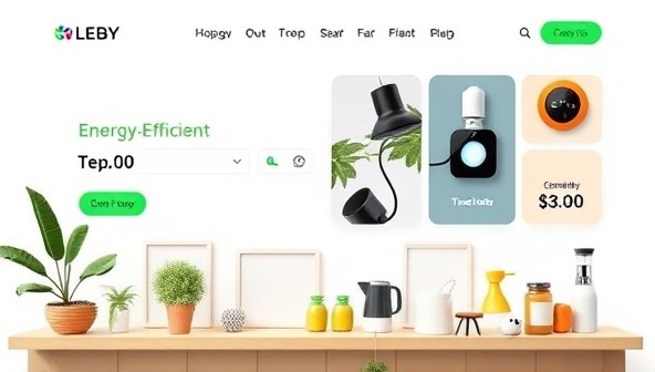 An online marketplace homepage mockup featuring a variety of energy-efficient products, from LED lighting and smart thermostats to solar chargers and eco-friendly kitchenware, presented in a clean, modern layout with a nature-inspired color palette, conveying sustainability and innovation.