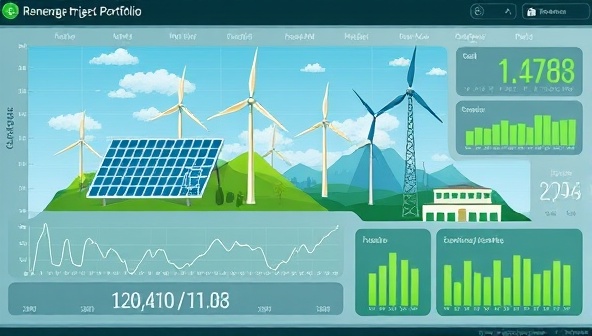 An artistic visualization of a renewable energy project portfolio displayed on a digital investment dashboard, with solar panels, wind turbines, and hydroelectric plants symbolizing diverse clean energy assets, surrounded by financial graphs and sustainability metrics, showcasing the balance between eco-conscious investing and financial returns.