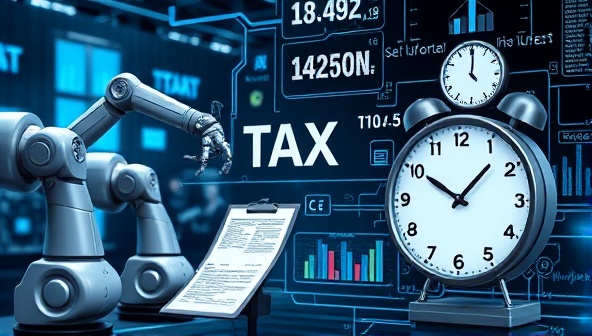An automated tax compliance software interface with robotic arms processing tax forms, data streams flowing into the system, and a clock symbolizing timely submissions and compliance, showcasing efficiency and accuracy in tax processes.
