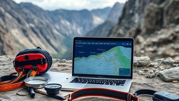 A dynamic and adventurous virtual consultancy setup featuring a rugged outdoor backdrop with climbing gear, a compass, a topographic map, and a laptop displaying detailed expedition routes, inspiring clients to embark on thrilling and unforgettable adventures.