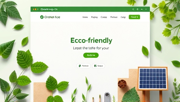 An eco-friendly website design layout featuring sustainable elements like leaf motifs, recycled paper textures, and green color schemes, surrounded by eco-conscious symbols like solar panels and plants, reflecting the environmentally responsible and visually appealing nature of GreenWeb Design Co.'s services.