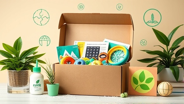 An aesthetically pleasing image of a subscription box filled with colorful renewable energy gadgets, surrounded by greenery and eco-friendly symbols, evoking a sense of excitement and curiosity about sustainable energy technologies.