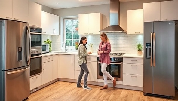 A modern kitchen setting with energy-efficient appliances from EcoLease on display, showcasing sleek designs and advanced features, with a happy family using the appliances and enjoying the benefits of sustainable living through eco-friendly rentals, creating an aspirational and eco-conscious lifestyle scene.