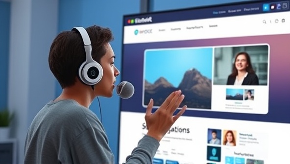 An interactive voice assistant guiding a user through a voice-enabled website interface, showcasing seamless navigation and engagement through voice commands, illustrating the convenience and accessibility of voice-enabled web design services for businesses and users alike.