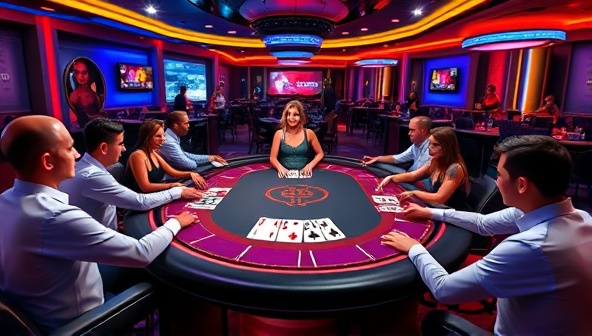 An immersive visual representation of a virtual poker table with a live dealer dealing cards to online players, surrounded by animated avatars of players in a vibrant and interactive virtual poker room environment, showcasing the realistic and social aspects of LivePoker360.