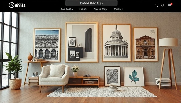 An online store homepage showcasing a curated collection of architectural prints and posters, beautifully displayed in various interior settings, creating an aesthetic and inspiring visual experience for customers browsing the store.