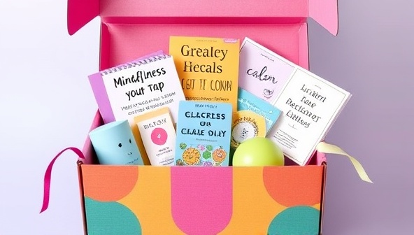 An artistic representation of a colorful subscription box filled with mindfulness tools, relaxation aids, positive affirmation cards, and wellness guides, designed to evoke a sense of calm and joy for teens exploring self-care practices.