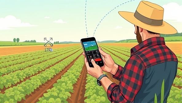 An illustration of a farmer checking a smartphone app displaying real-time data on weather conditions, soil moisture, and crop health, with IoT sensors visible in the field, highlighting the efficiency and convenience of IoT-based agricultural monitoring systems for precision farming.