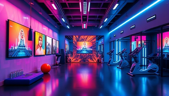 A digital gallery showcasing vibrant fitness-themed NFT artworks, virtual fitness collectibles, and interactive gym experiences in a futuristic virtual space, highlighting the innovation and creativity of FitArt Collectibles' NFT marketplace for fitness enthusiasts.