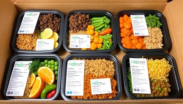 An array of colorful and appetizing prepared meal trays arranged neatly in a delivery box with fresh ingredients and nutritional labels, showcasing the convenience and health benefits of NourishFuel Delivery's meal prep service.