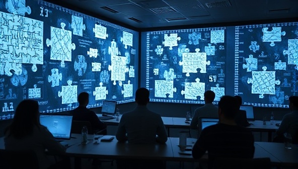 A virtual room filled with intricate puzzles projected on screens, with participants collaborating online to solve challenges, creating an atmosphere of mystery and teamwork.