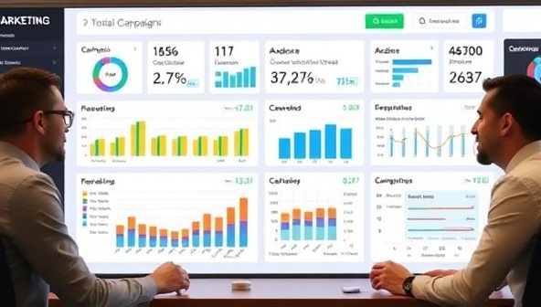 A digital marketing dashboard displaying real-time campaign metrics, audience engagement data, and conversion rates, with a team of marketing experts analyzing the results and strategizing for optimization, showcasing the consultancy's data-driven approach and expertise in digital marketing.