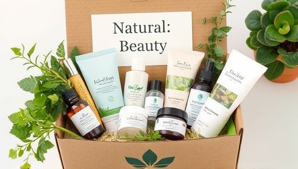 An assortment of beautifully packaged eco-friendly beauty products arranged in a recyclable box, surrounded by greenery and sustainable packaging materials, conveying a message of natural beauty and environmental consciousness.