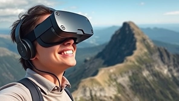 An individual wearing a VR headset, smiling in awe as they virtually stand on top of a majestic mountain peak, with breathtaking scenery surrounding them, capturing the essence of immersive virtual travel experiences.