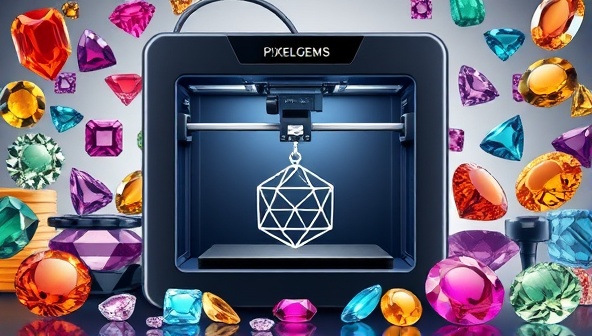 An artistic rendering of a sleek, modern 3D printer crafting a delicate, customized pendant, surrounded by a variety of vibrant gemstone designs, showcasing the fusion of technology and fashion in PixelGems' creations.