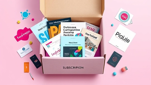 A beautifully designed subscription box filled with an assortment of design assets like graphics, fonts, and templates, presented in an artistic flat lay arrangement, symbolizing creativity and innovation in design resources.