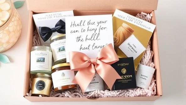 An elegant and stylish gift box arrangement featuring a mix of curated items like candles, chocolates, and personalized trinkets, adorned with a decorative bow and a handwritten note, creating a visually appealing and heartfelt gifting experience.