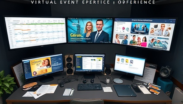 A virtual event planning command center with multiple screens displaying event schedules, guest lists, and interactive event activities, surrounded by event decor samples and virtual event branding materials, illustrating the behind-the-scenes coordination of a virtual event experience.