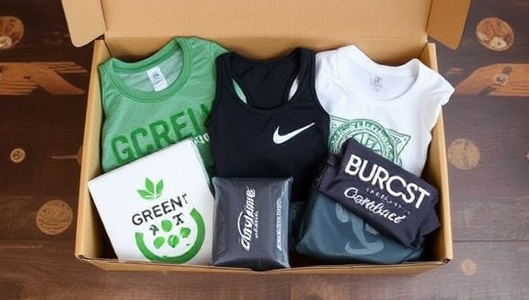 An assortment of stylish and eco-friendly fitness apparel items displayed in a sustainable packaging box, featuring organic fabrics, recycled materials, and innovative designs that embody the ethos of GreenFit Wear's commitment to eco-conscious fashion and fitness choices.