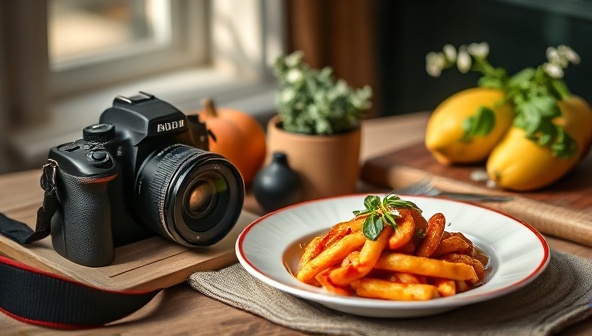 An aesthetically pleasing setup of a food photography workshop featuring a camera, props, and a beautifully styled dish, with soft natural lighting creating a warm and inviting ambiance, inviting viewers to immerse themselves in the world of food photography.