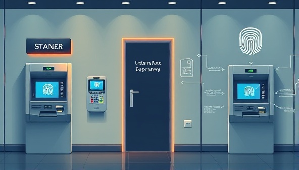 An illustration showing a secure banking environment with biometric scanners integrated into ATM machines and digital banking interfaces, highlighting the ease and sophistication of the biometric security system in action.