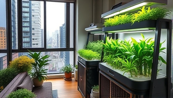 An urban apartment setting with sleek, modern hydroponic systems filled with vibrant green plants, illustrating a harmonious blend of technology and nature in a compact living space.