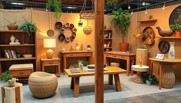 An enchanting display of upcycled products crafted from agricultural waste materials, featuring unique furniture pieces, decor items, and wearable art, embodying the creativity and sustainability ethos of ReHarvest Creations.