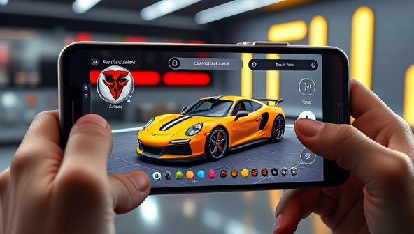 An AR-enhanced smartphone screen displaying a virtual car customization interface with a sleek sports car model, customizable paint colors, wheels, and body kits, allowing users to visualize and personalize their dream car designs in a futuristic and immersive setting, capturing the essence of the CustomDrive Virtual Studio platform.