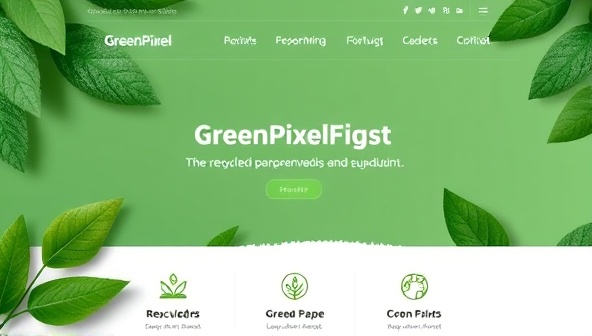 A modern and clean website design layout for GreenPixel Studios, featuring leafy green accents, recycled paper textures, and eco-friendly icons, conveying a fresh and environmentally conscious brand image.
