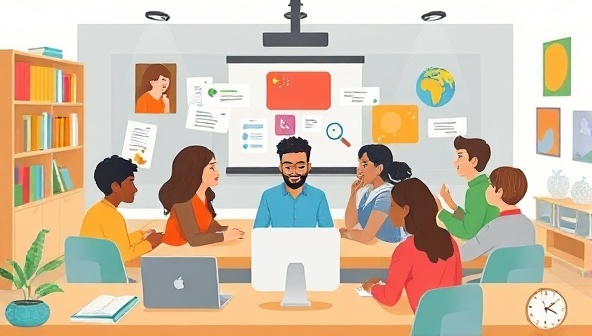 An illustration of a virtual language classroom with diverse students engaged in interactive language learning activities online, showcasing the dynamic and inclusive nature of virtual language education.