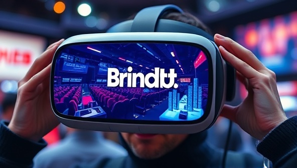 A captivating VR headset displaying a virtual brand experience with a user fully immersed in a dynamic and interactive virtual environment, showcasing the power of VR Brandscapes in brand marketing.