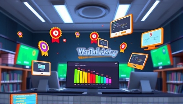 An imaginative illustration of a virtual academy setting with colorful badges, progress bars, and interactive learning modules floating in the air, symbolizing the dynamic and engaging learning experience offered by WebQuest Academy.
