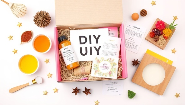 An aesthetically pleasing flat lay of a DIY beauty kit box with colorful ingredients, recipe cards, and attractive packaging, evoking a sense of creativity and self-care through DIY beauty crafting.